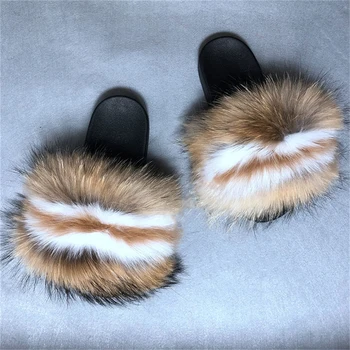 Ponios Vasaros Mados Šlepetės Pūkuotas Šlepetes Išskirtinį Fox Fur Skaidres Furry Skaidres Moterims, Elegantiškas Batai Namas Sandalai
