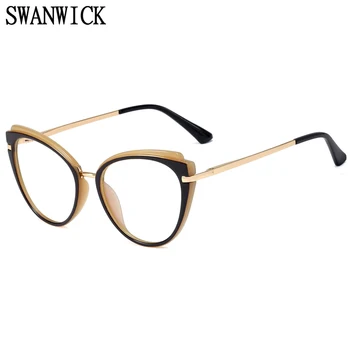 Swanwick mėlynos šviesos blokavimas akiniai, optinė kompiuterio rėmo, cat eye akiniai, rėmeliai moterų pusė metalo juoda skaidri retro