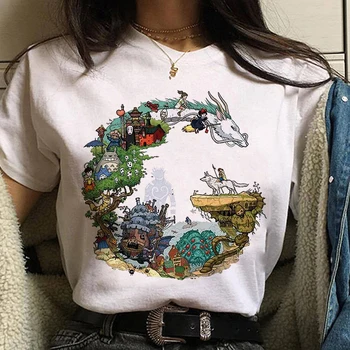Hayao Miyazaki Atkakli Toli Studija Vyrai, Print T-shirt Moterims, Harajuku Estetinės Animacinių filmų Marškinėlius Kawaii Balta Moterų Marškinėliai