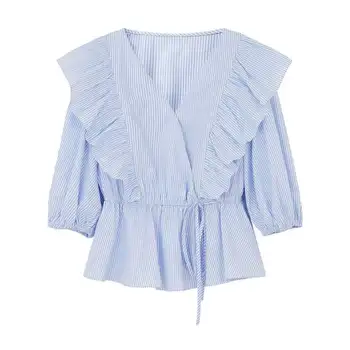 Mados Moterų V-kaklo Marškinėliai, Mėlynas Dryžuotas Susiėmę Vintage Palaidinė 2021 M. Vasarą Naujų korėjos Stiliaus trumparankoviai Moterų Elagant Viršūnės