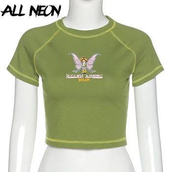E-mergaitė Drugelis Grafikos ir Raidė Spausdinimo Dygsnio Žalia Apkarpyti Viršūnes Y2K Vasaros Grunge Stiliaus O-kaklo trumpomis Rankovėmis marškinėliai