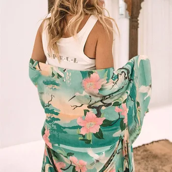 2021 Boho Krano Gėlių Spausdinti Moterų Vasaros Paplūdimio Rankšluosčiai Ilgai Kimono Padengti Iki Suknelę Cardigan Plius Dydis Ponios Sexy V-kaklo Suknelė