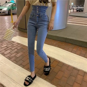 Sólido alto cintura Atsitiktinis lavado Džinsinio JeansW28 mujeres oto?o 2021 puro minimalista coreano se?