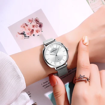 Moterų laikrodžiai CRRJU lady Elegantiškas Mados Vandeniui Laikrodžiai Japonija Judėjimo Silver Slim Kalendoriaus Tinklelio Dirželiu Laikrodis moterims