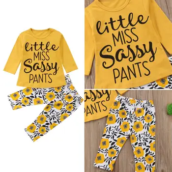 Naujagimiui Baby Girl Rudens Apranga ilgomis Rankovėmis Raidė T-Shirt Viršuje+Gėlių Kelnės, Antblauzdžiai Tousers 2vnt Drabužių Rinkinį, 6M-3T