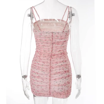 Pink Gėlių Bodycon Tinklinio Vasaros Suknelė Moterims, Elegantiškas Ruched Backless Mini Suknelė Trumpas Boho Paplūdimio Stiliaus Šalis Suknelė Seksualus Vestido