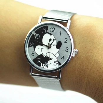 Animacinių filmų Mada Moterims Žiūrėti Prekės Mickey Sidabro Lady Merginos studentų Kvarciniai Laikrodžiai, Nerūdijančio plieno Laikrodis Relogio Feminino