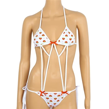Moteriški kawaii apatinis Trikotažas Mielas Braškių Bodysuit Mini Micro Bikini Liemenėlė Viršų su T-back G-string Kelnaitės Seksualus Egzotiškų Drabužių