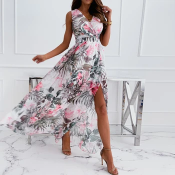 Moterų V-Kaklo Šifono Šalis Ilga Suknelė Be Rankovių Gėlių Spausdinti Aukštos Juosmens-Line Padalinta Moteriška Suknelė Elegantiškas Vestidos Vasaros 2021