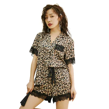 Naujas Moterų Pižama Nustatyti Prabangos Stiliaus Mados, Leopardas spausdinimui Trumpas Rankovės Nėrinių Sleepwear Kaip Šilko Laisvalaikio Namuose Drabužiai, naktiniai drabužiai