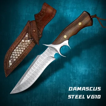 VG10 Damasko plieno full Tang fiksuotas peilis lauko įranga, įrankis, kempingas džiunglių medžioklės tiesus peilis su apvalkalu EDC įrankis